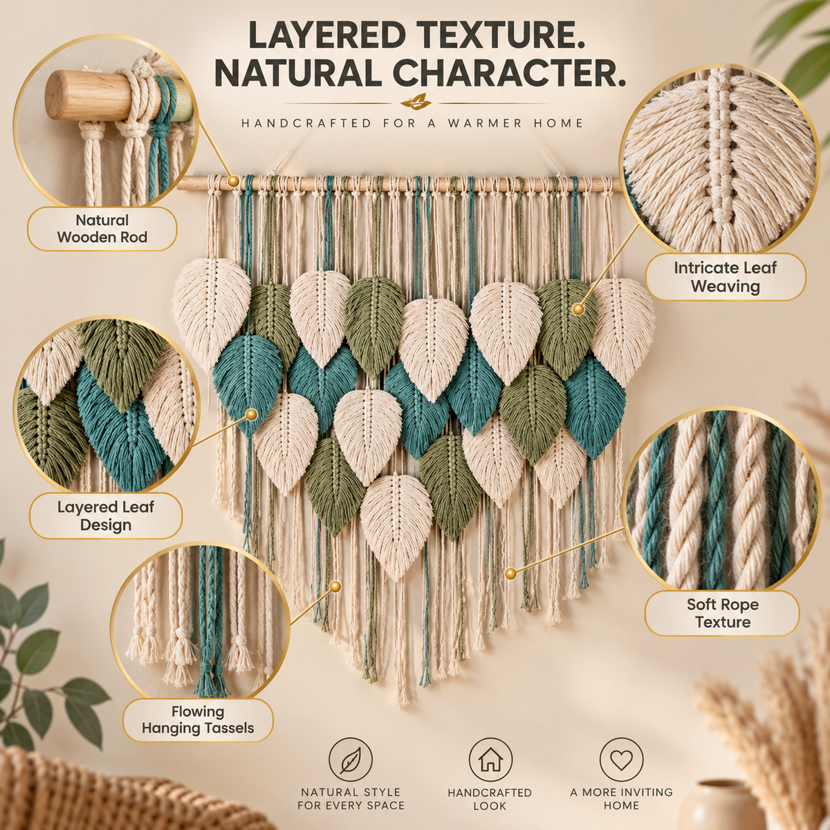 Boho Leaf Macrame Wall Hanging | Woven Feather Tapestry Decor | Textured Bedroom Living Room Wall Art | Natural Home Accent