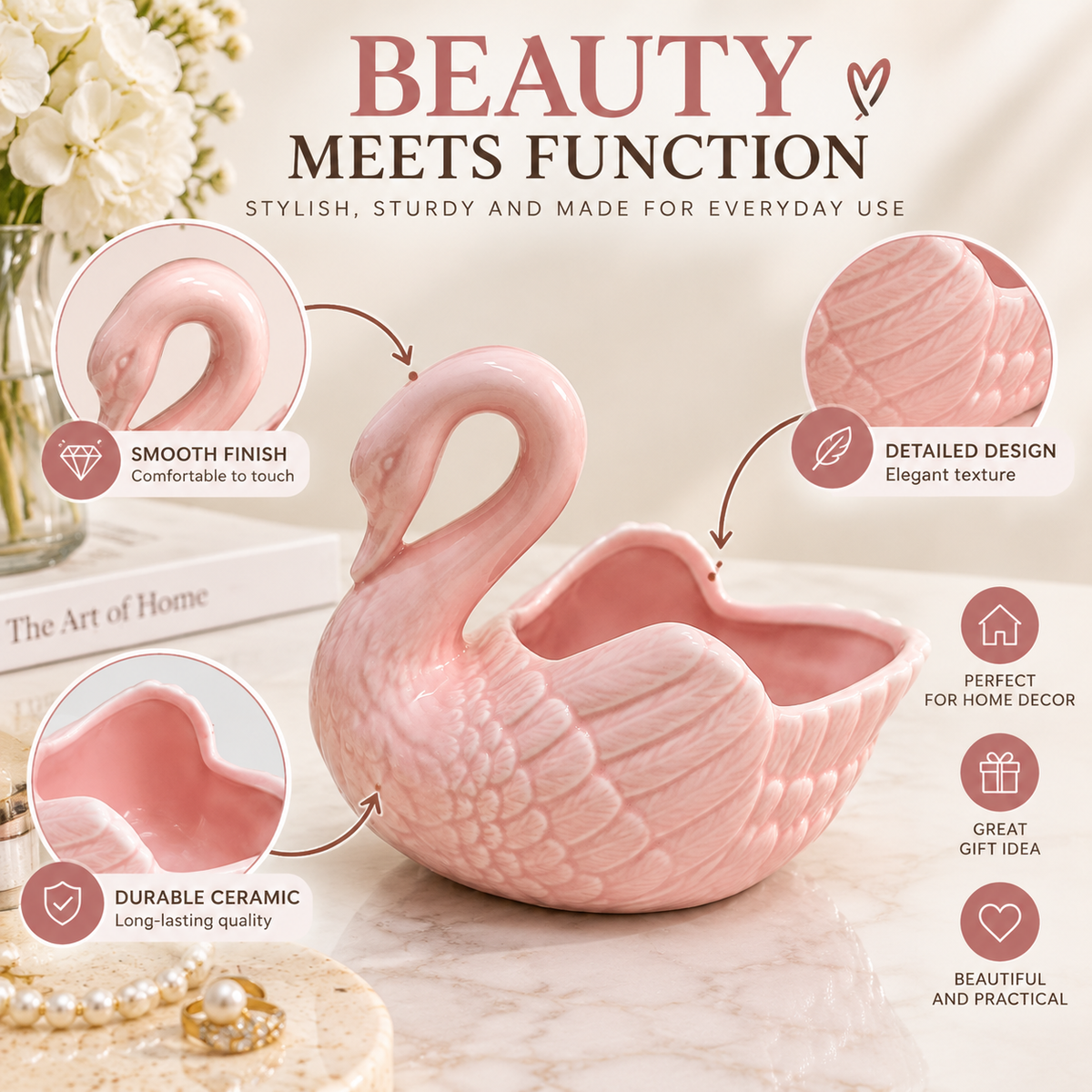 Ceramic Swan Decor Bowl | Elegant Home Accent | Decorative Storage Dish | Desktop Organizer | Flower Holder Ornament