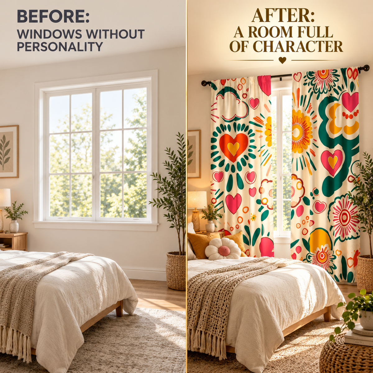 Floral Print Curtains | Heart Pattern Window Drapes | Rod Pocket Bedroom Curtains | Cozy Living Room Window Decor