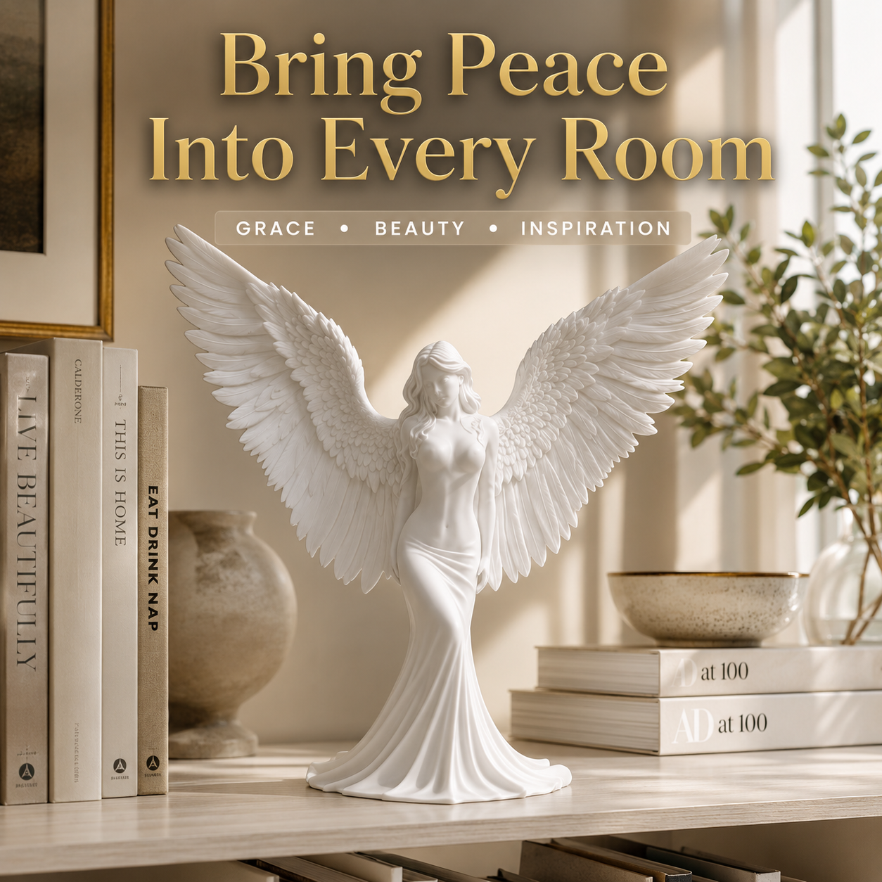 Angel Goddess Figurine | Spiritual Shelf Decor | Winged Desktop Ornament | Peaceful Home Accent | Thoughtful Art Gift | Serene Room Decoration
