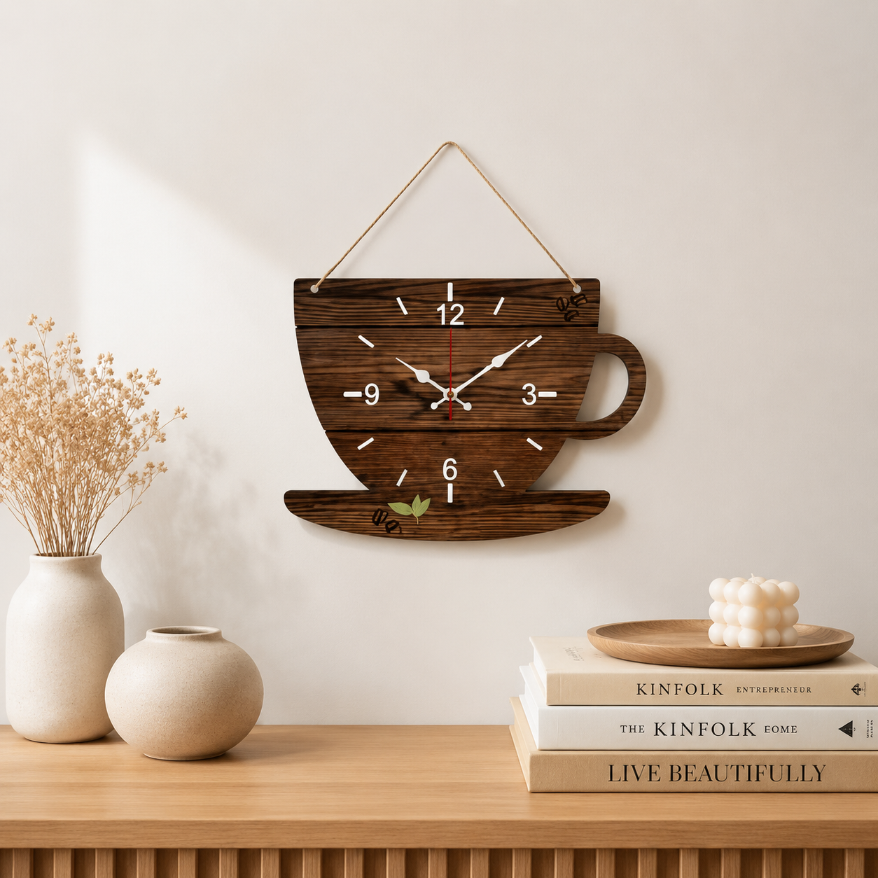 Coffee Cup Wall Clock | Wooden Hanging Clock | Coffee Inspired Home Decor | Kitchen Living Room Wall Art | Cozy Room Decoration