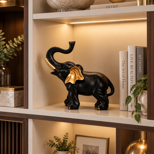 Black Gold Elephant Statue Decor, Artistic Tabletop Ornament, Luxury Style Home Accent, Living Room Shelf Decoration, Elegant Gift Idea