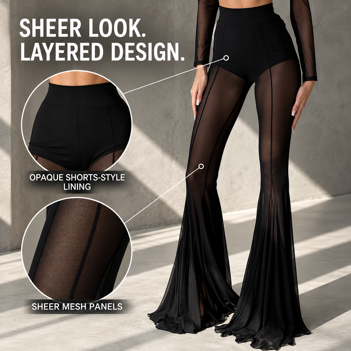 Women's Sheer Mesh Flare Pants, High Waist Bell Bottom Trousers, Layered See Through Party Pants, Elegant Clubwear