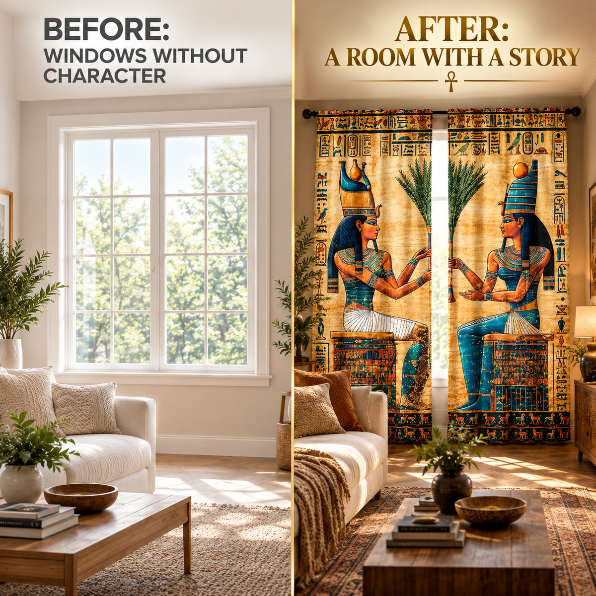 Goddess Figure Curtains Hieroglyph Art Window Drapes | Statement Bedroom Living Room Decor | Artistic Home Accent