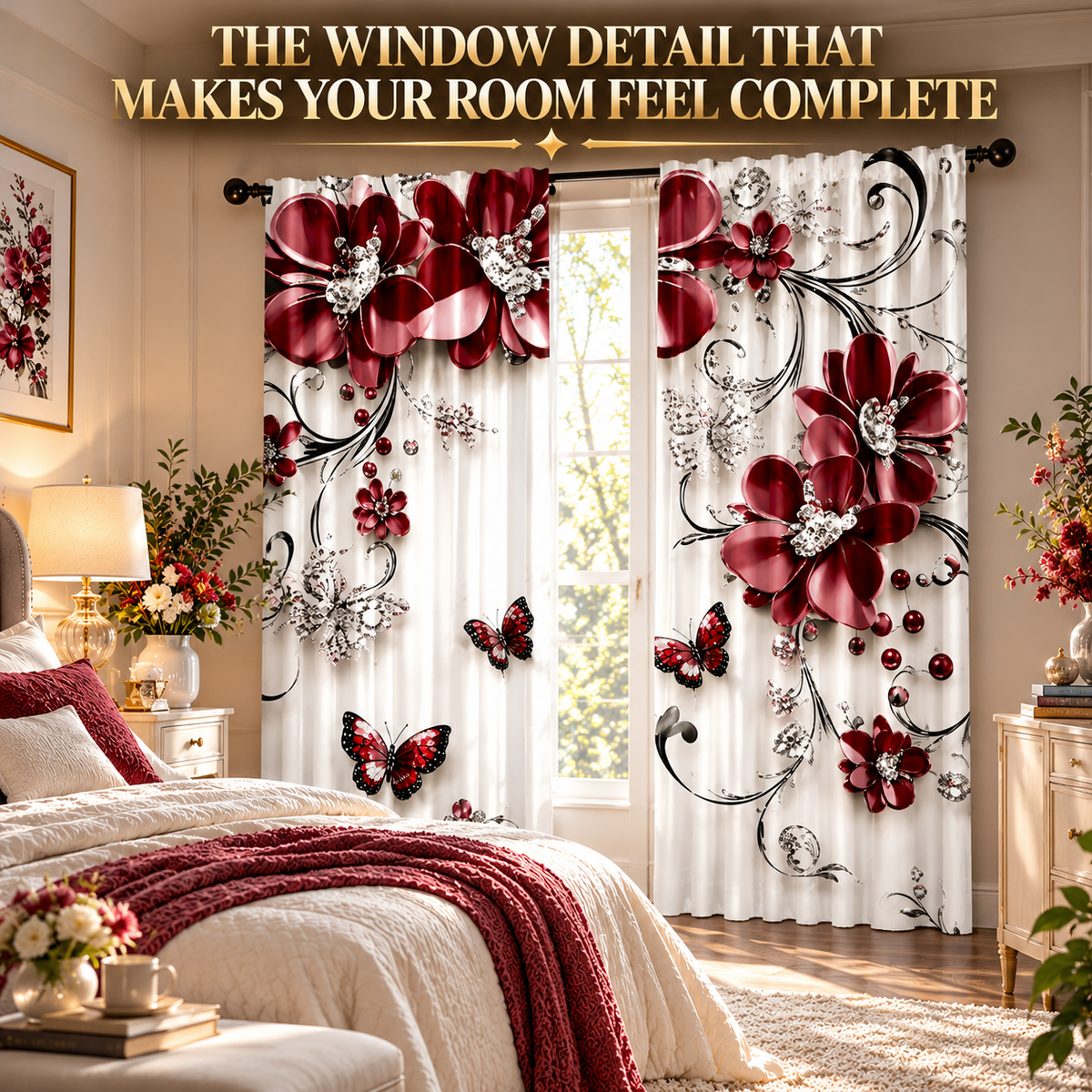 Floral Print Curtains | Rose Butterfly Window Drapes | Romantic Bedroom Living Room Decor | Sheer Rod Pocket Panels