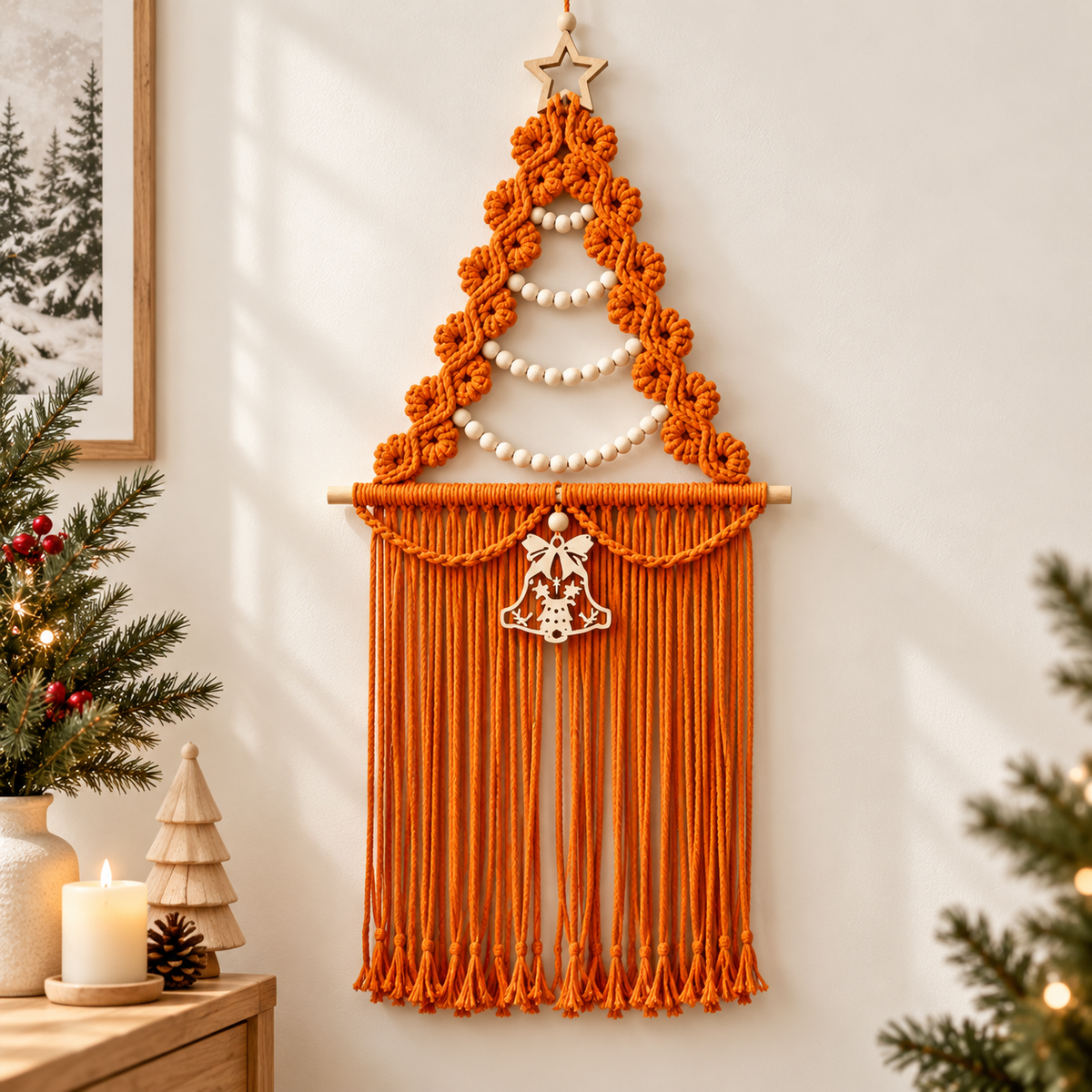 Christmas Tree Macrame Wall Hanging Woven Tapestry Holiday Decor Wood Beads Bell Bedroom Accent