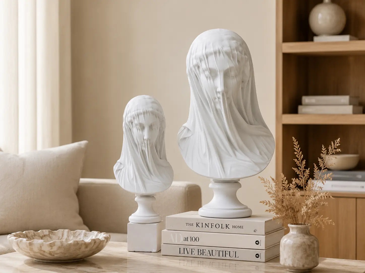 Veiled Lady Bust Sculpture | Greek Goddess Style Statue | White Maiden Figurine | Living Room Desk Bookshelf Decor Jumartins