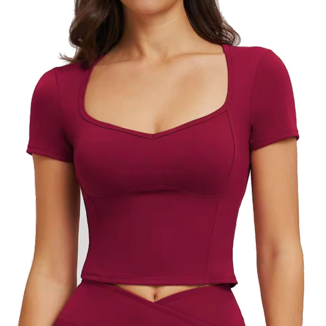 Women’s Workout Crop Top | Sculpting Short Sleeve Yoga Shirt | Stretch Dance Tee | Quick Dry Gym Top | Running and Cycling Training Wear
