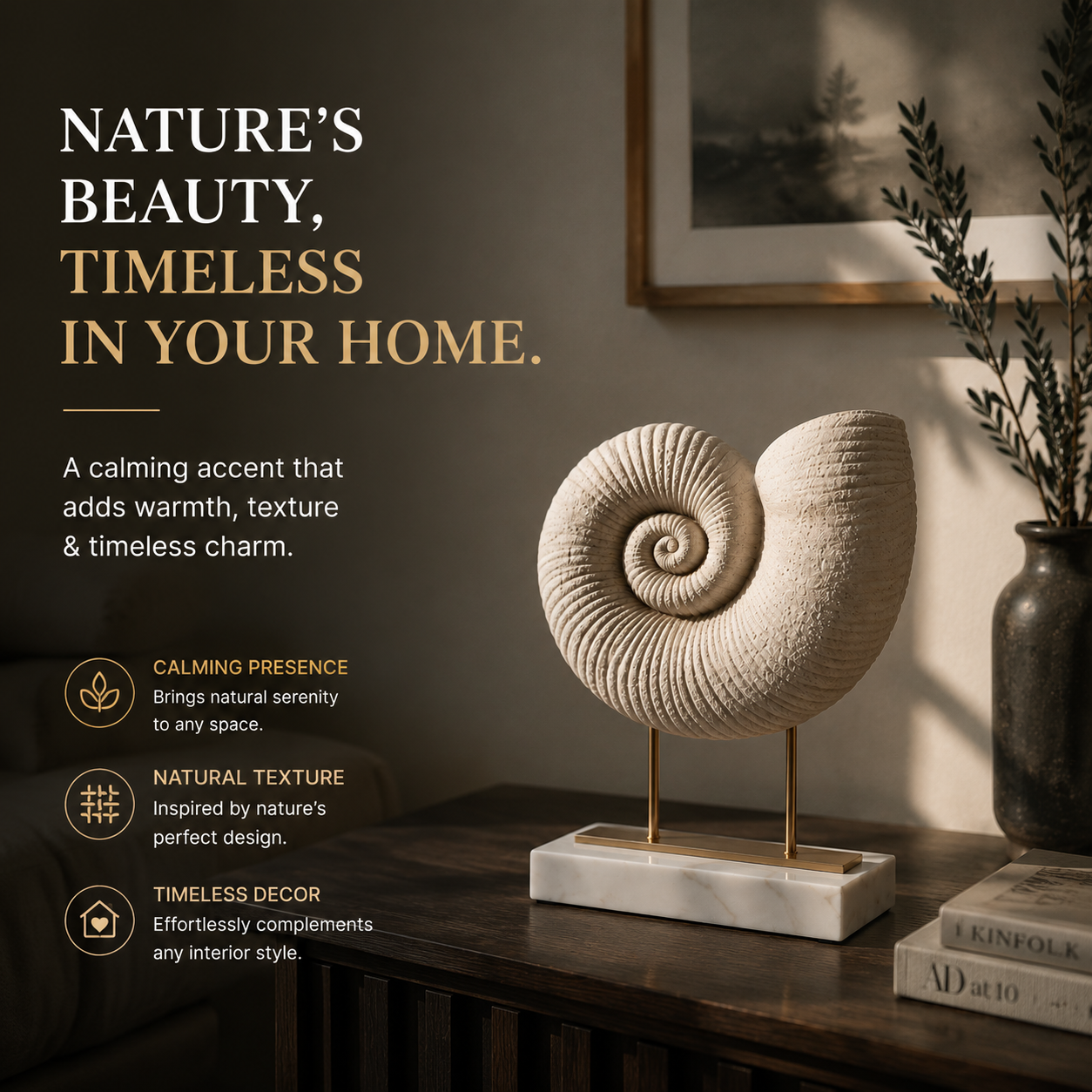 Decorative Sea Shell Figurine | Spiral Whelk Shell Statue | Coastal Home Decor Accent | Ocean Inspired Table Display Ornament