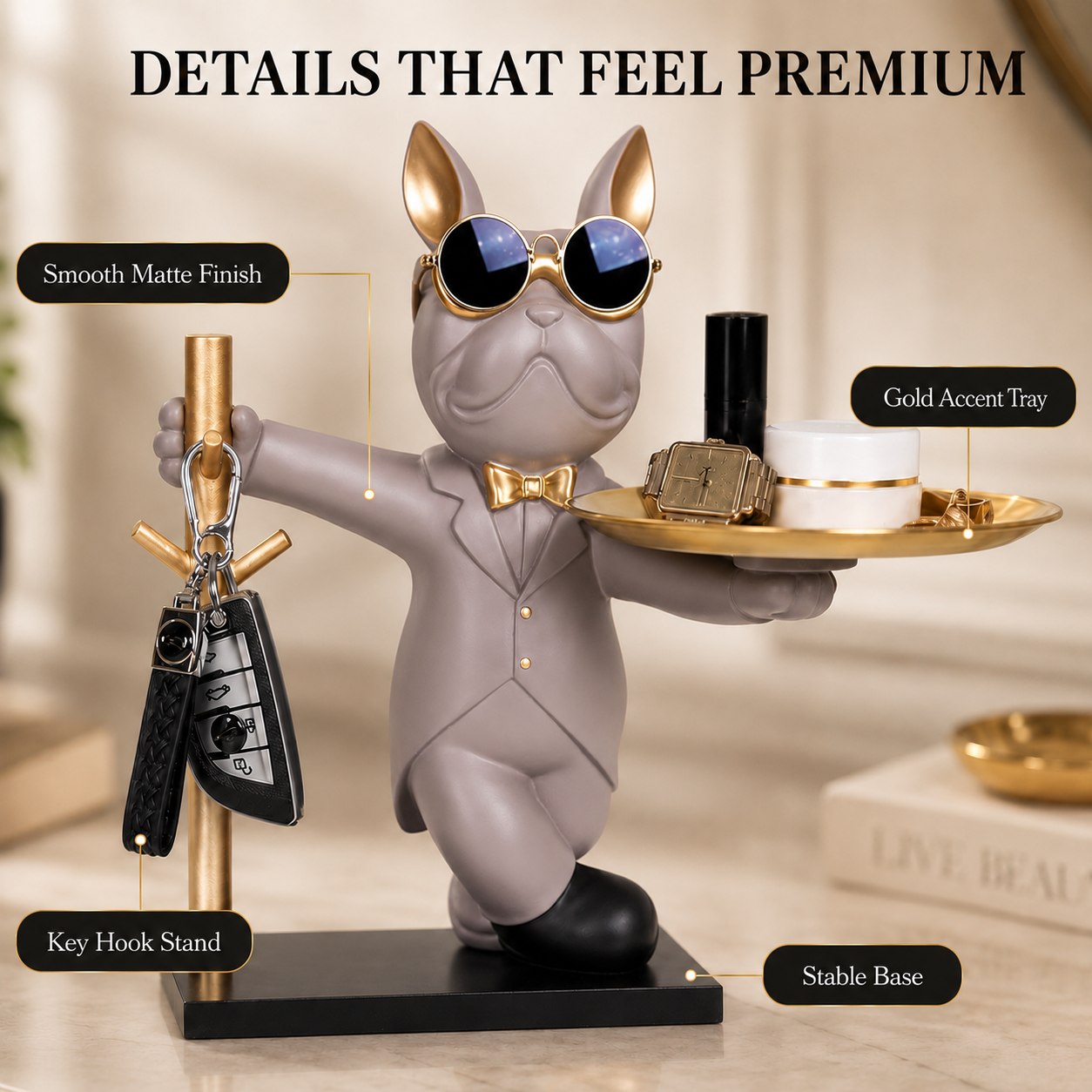 Bulldog Statue Tray Organizer | Decorative Dog Figurine Key Holder | Entryway Coin Tray Snack Holder | Tabletop Decor Gift