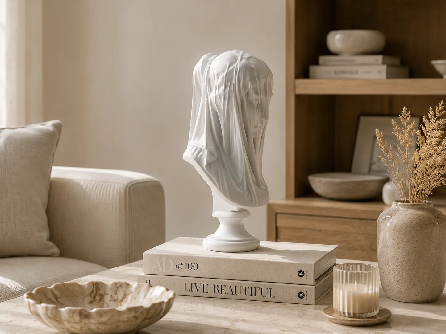 Veiled Lady Bust Sculpture | Greek Goddess Style Statue | White Maiden Figurine | Living Room Desk Bookshelf Decor Jumartins