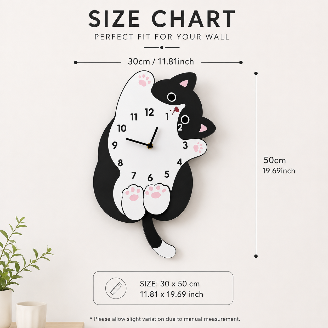 Cute Cat Tail Swaying Wall Clock | Cartoon Animal Wall Clock | Creative Hanging Home Decor | Living Room Bedroom Accent Clock