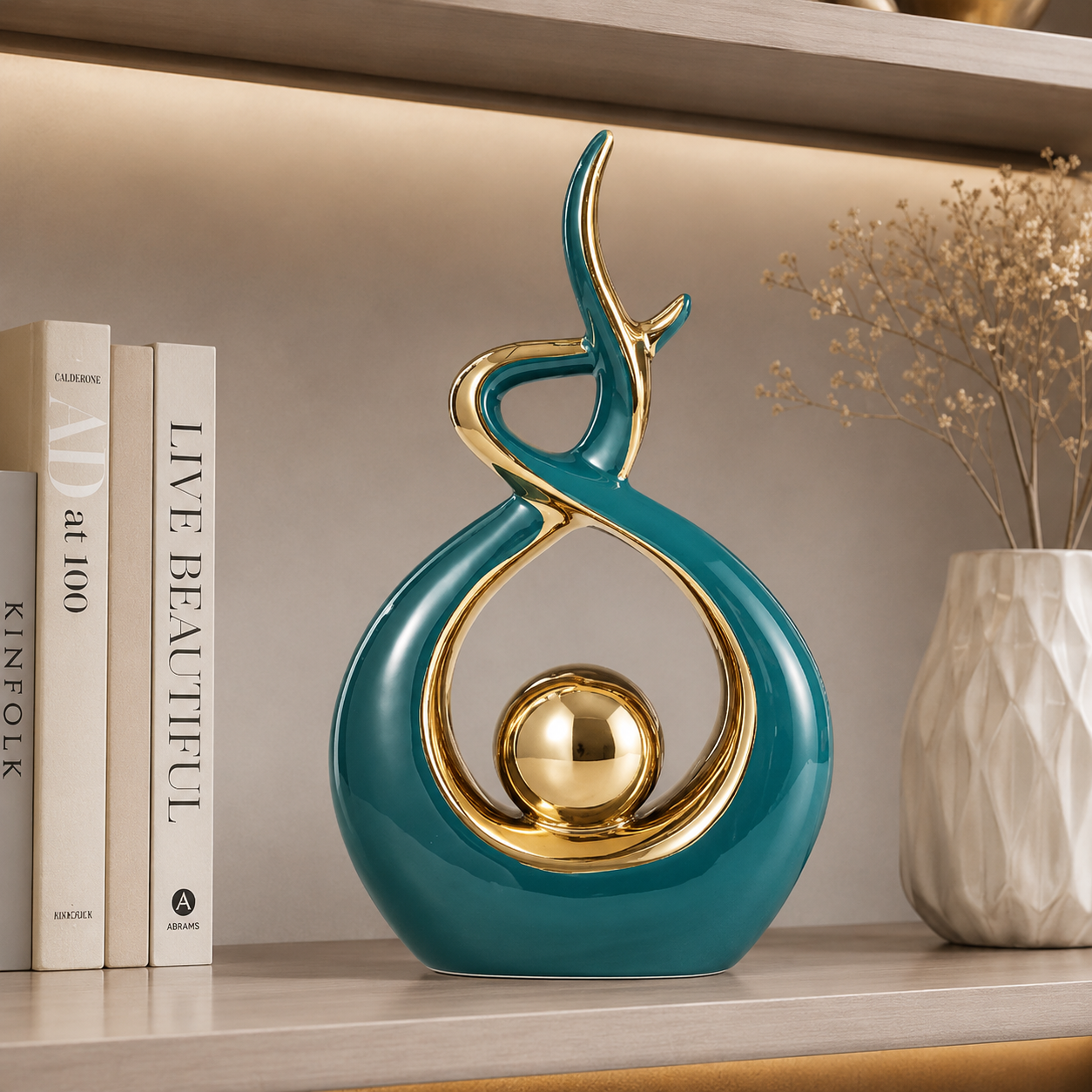 Modern Abstract Table Sculpture | Black Gold Decor Figurine | Luxury Shelf Accent for Living Room Desk Cabinet