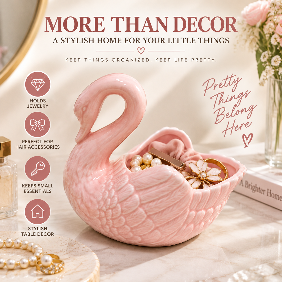 Ceramic Swan Decor Bowl | Elegant Home Accent | Decorative Storage Dish | Desktop Organizer | Flower Holder Ornament