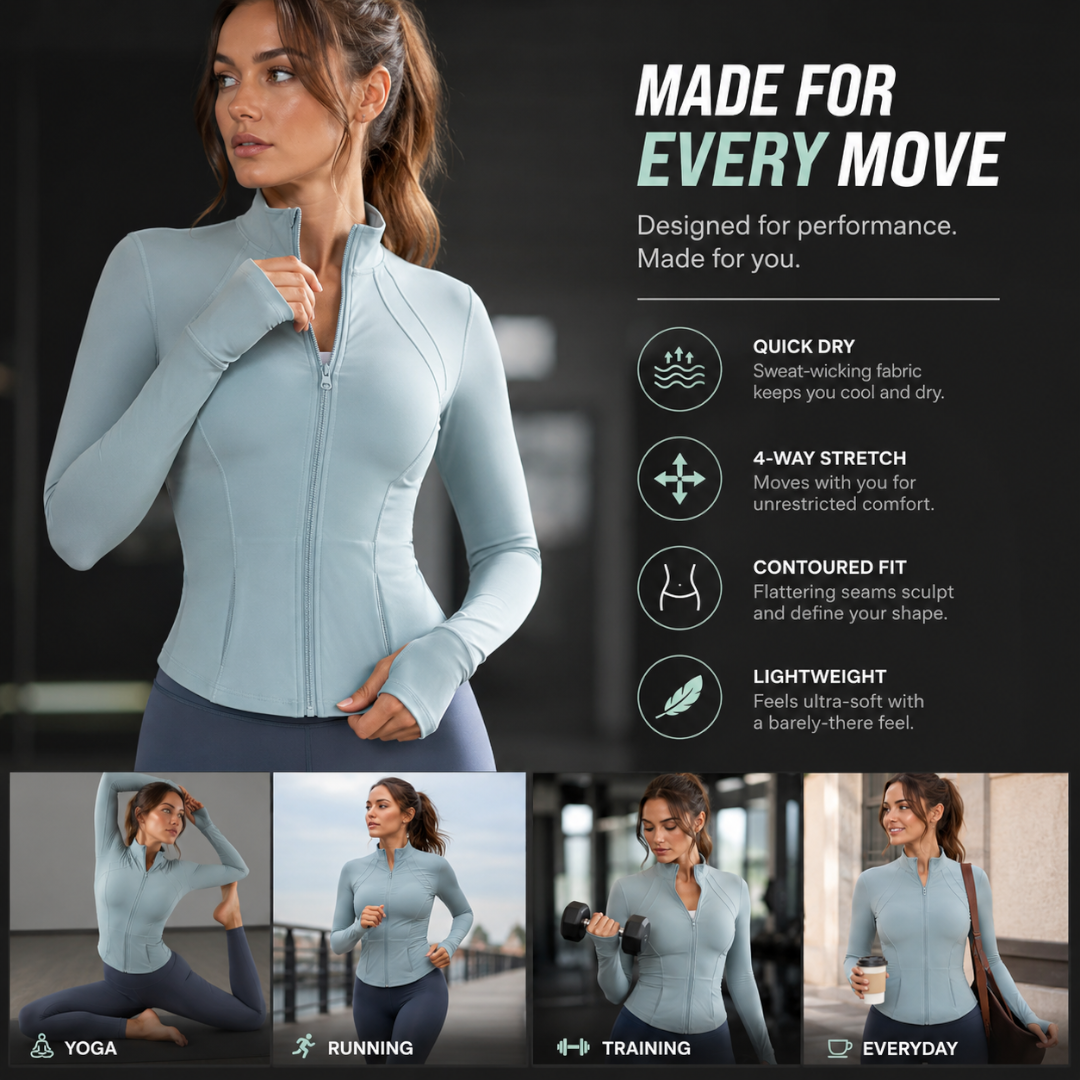 Women’s Slim Fit Yoga Jacket | Quick Dry Long Sleeve Workout Zip Top | Running Layer | Sculpted Fitness Jacket