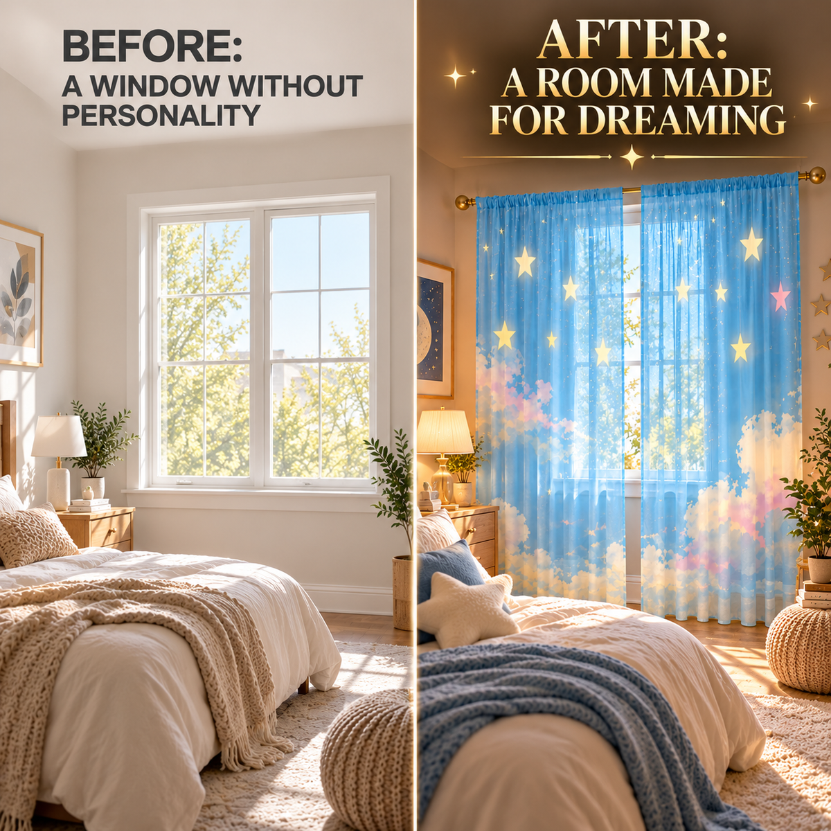 Star Cloud Sheer Curtains | Dreamy Bedroom Window Drapes | Celestial Room Decor | Rod Pocket Living Room Panels