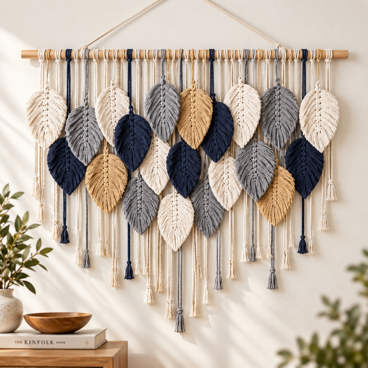 Boho Leaf Macrame Wall Hanging | Woven Feather Tapestry Decor | Textured Bedroom Living Room Wall Art | Natural Home Accent