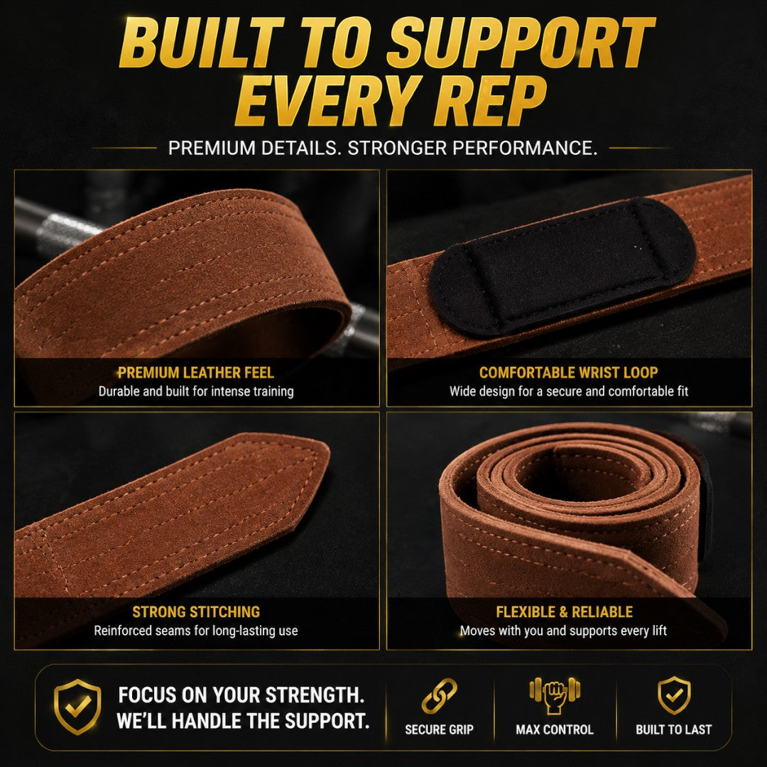 Leather Weight Lifting Straps | Heavy Duty Gym Wrist Straps | Cowhide Grip Support for Deadlift Pull Up Strength Training
