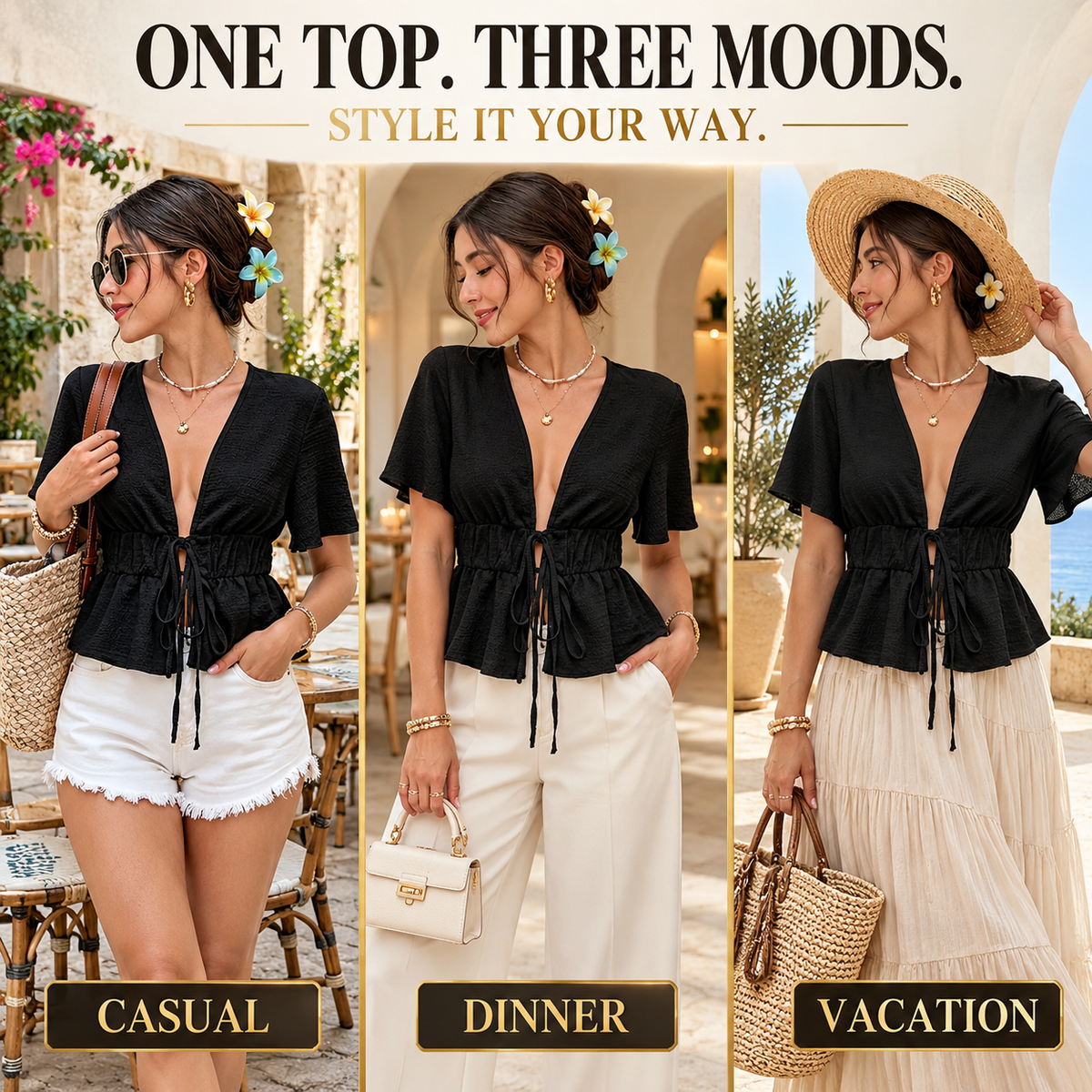 Black Tie Front Peplum Top, Deep V Neck Short Sleeve Blouse, Women’s Flared Waist Summer Shirt, Vacation Date Night Top