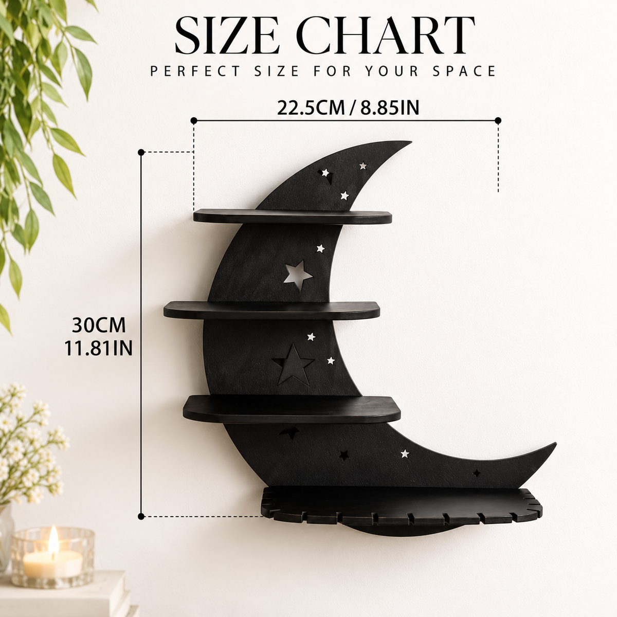 Crescent Moon Wall Shelf | Gothic Crystal Display Rack | Black Wooden Floating Shelves | Celestial Bedroom Decor