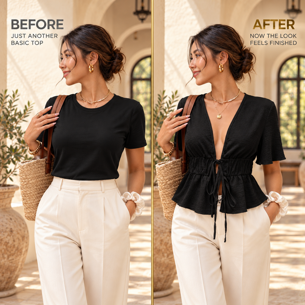 Black Tie Front Peplum Top, Deep V Neck Short Sleeve Blouse, Women’s Flared Waist Summer Shirt, Vacation Date Night Top