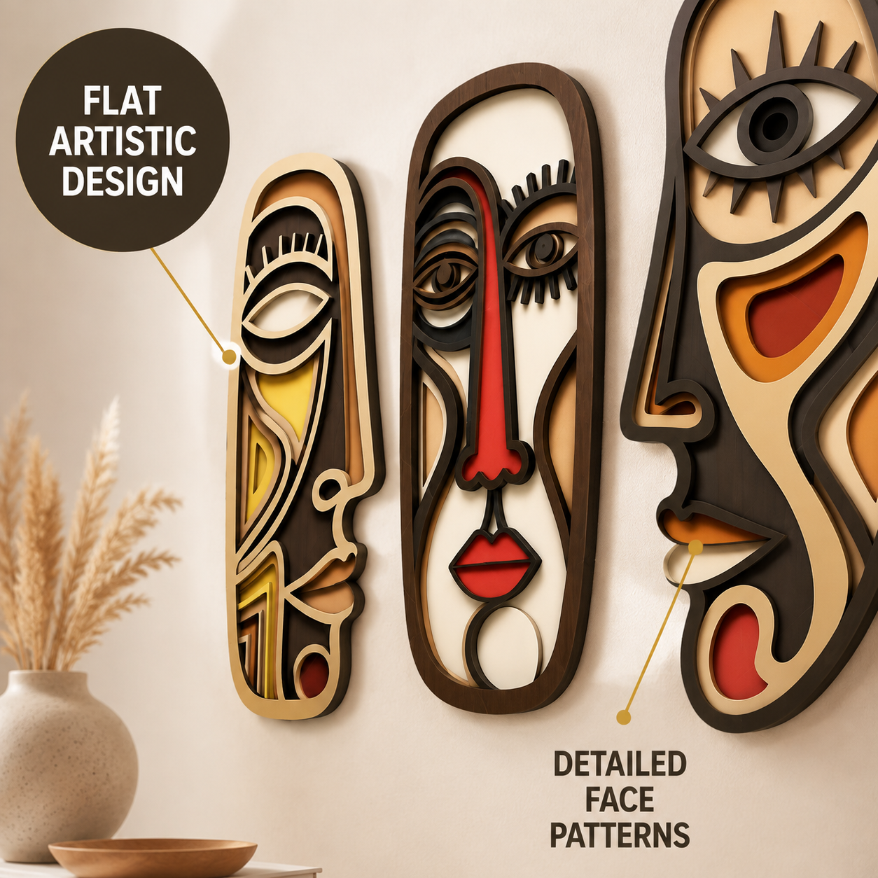 Abstract Face Wall Art Set | Minimalist Wooden Wall Decor | Bohemian Home Accent | Modern Room Decoration | Artistic Hanging Decor