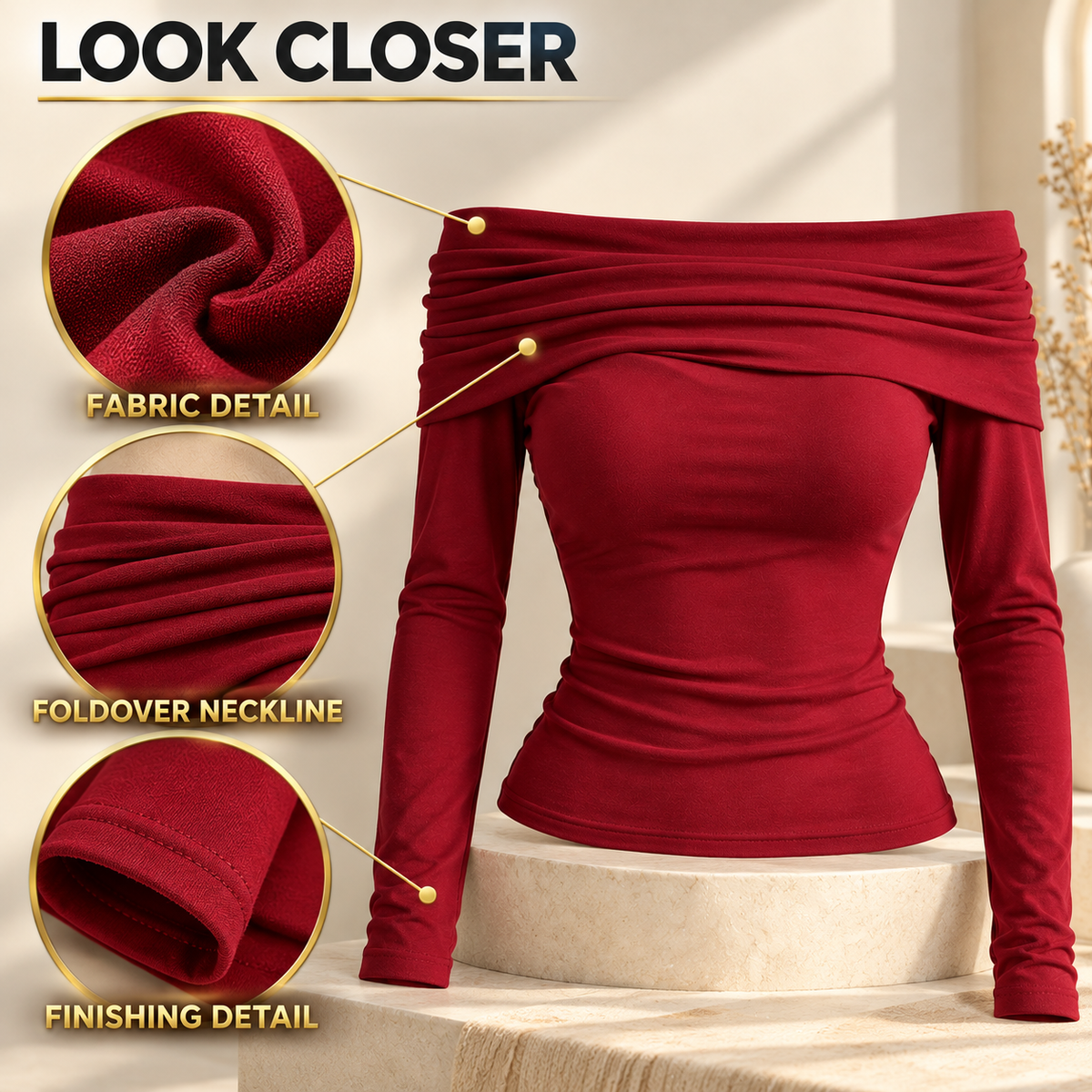Burgundy Off SShoulder Long Sleeve Top, Foldover Neckline Fitted Women’s Shirt, Ruched Bardot Going Out Top, Date Night Blouse