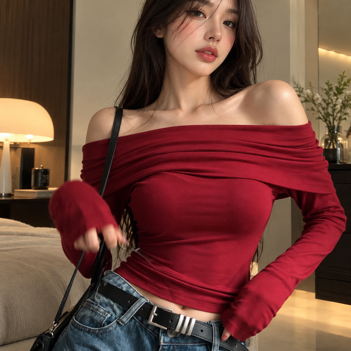 Burgundy Off SShoulder Long Sleeve Top, Foldover Neckline Fitted Women’s Shirt, Ruched Bardot Going Out Top, Date Night Blouse
