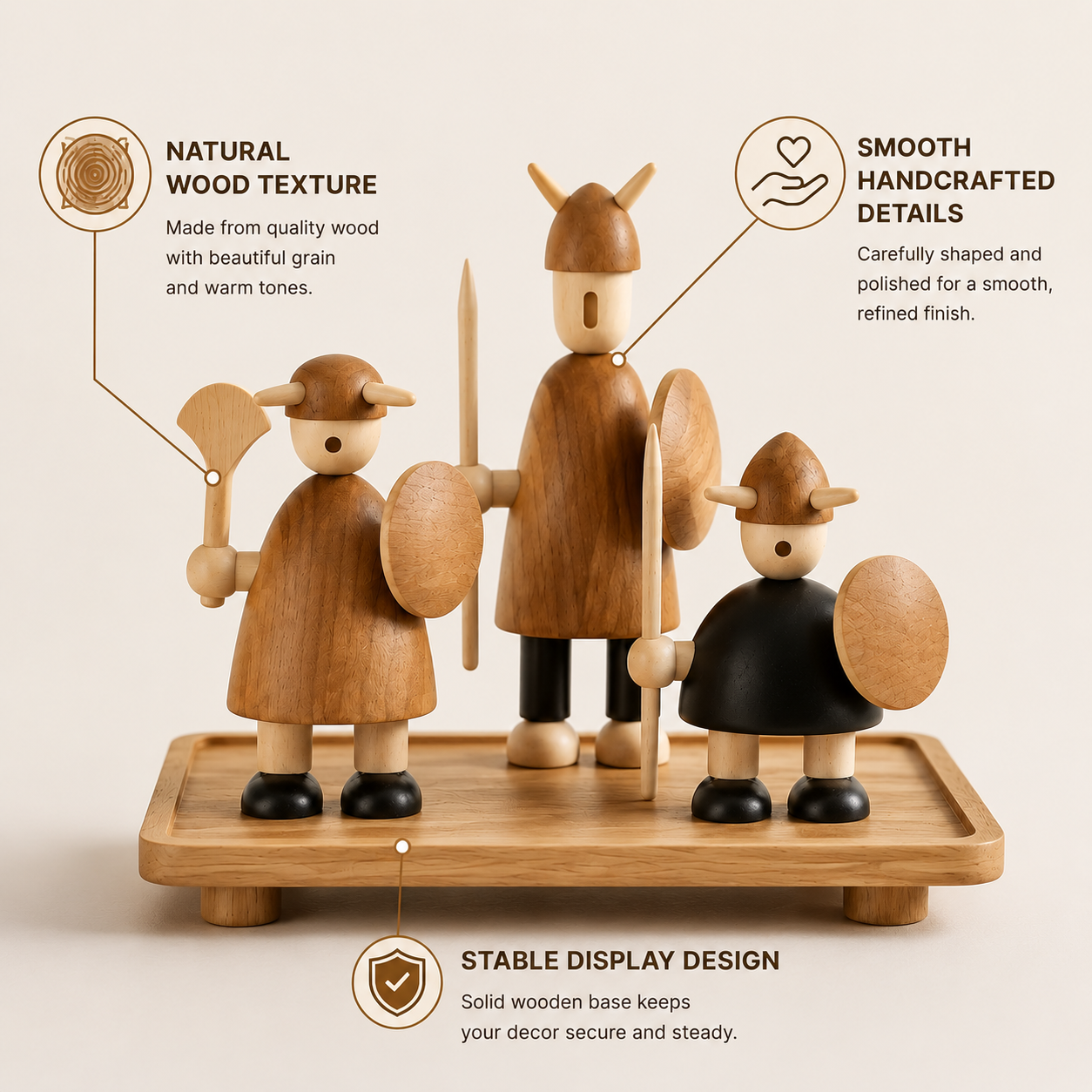 Wooden Warrior Figurines | Carved Wood Home Decor | Minimalist Shelf Display | Decorative Wooden Dolls | Nordic Style Table Accent