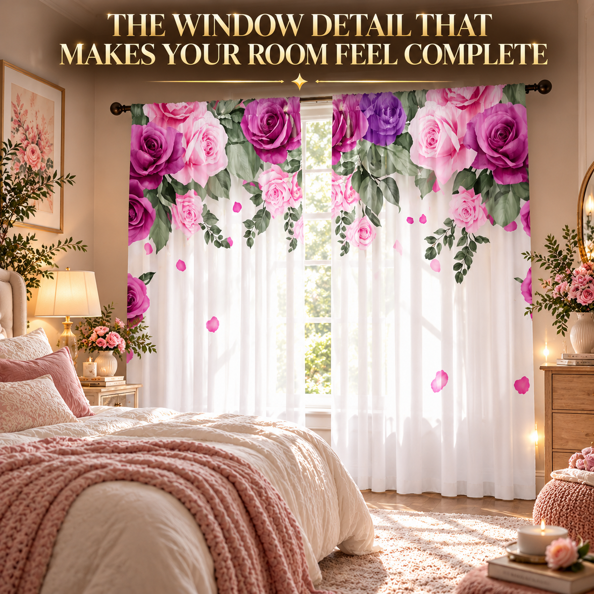 Rose Floral Curtains | Dream Fallen Rose Pattern Window Drapes | Romantic Bedroom Living Room Decor | Rod Pocket Panels