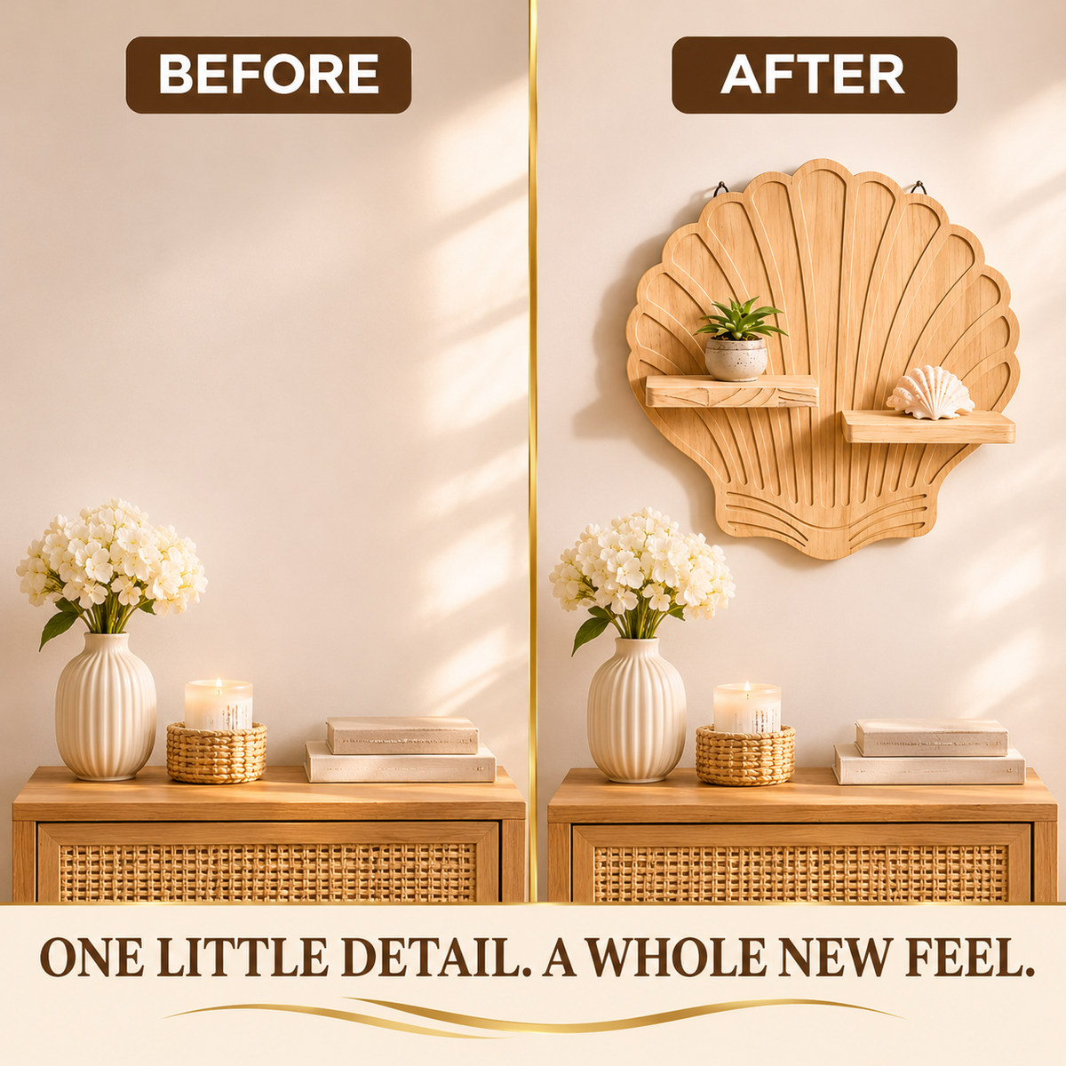 Seashell Wooden Wall Shelf, Coastal Nautical Decor, Wall Mounted Display Shelves for Bedroom Living Room