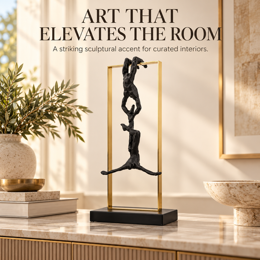 Abstract Climbing Figure Sculpture | Resin Athlete Statue | Modern Desk Decoration | Gold Frame Tabletop Accent for Living Room or Office