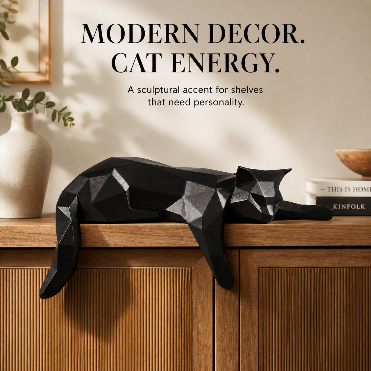 Geometric Lying Cat Statue | Modern Room Decor Figurine | Shelf Desk Table Sculpture | Cat Lover Gift Accent