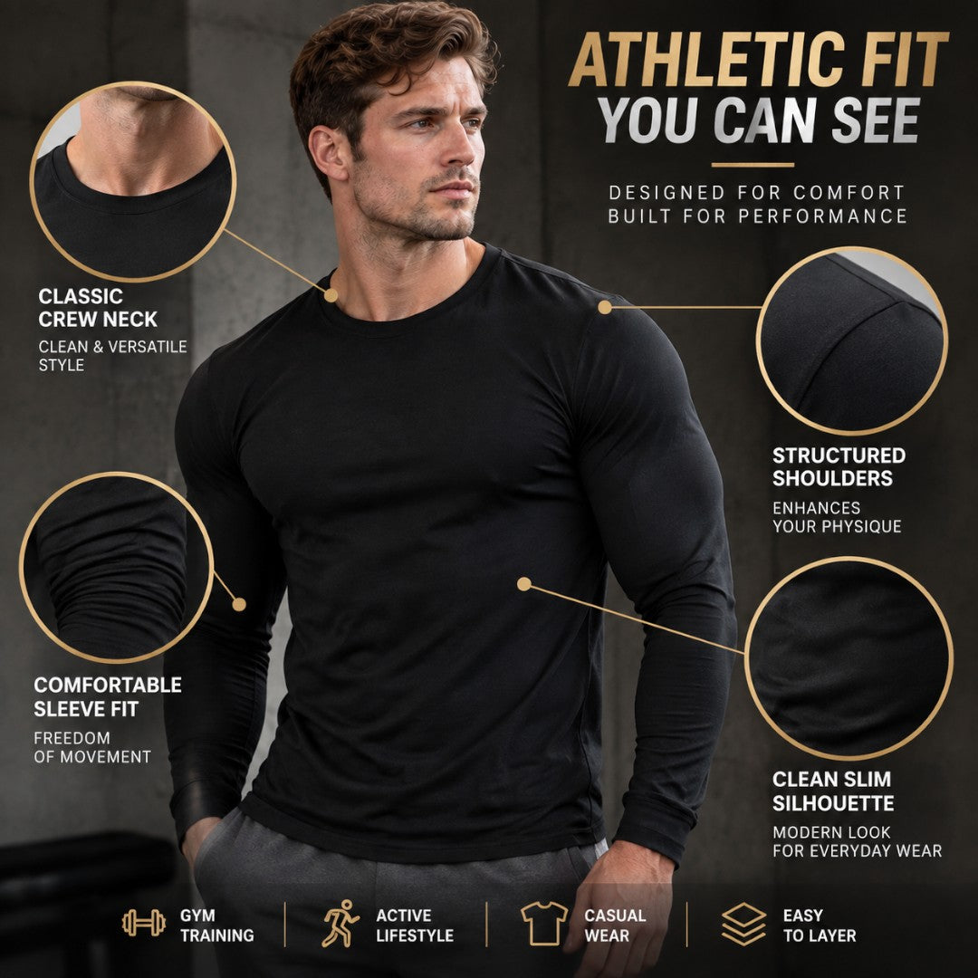 Slim Fit Mens Long Sleeve Shirt | Athletic Workout Top | Cotton Fitness Training Tee | Bodybuilding Gym Wear | Casual Sports Shirt
