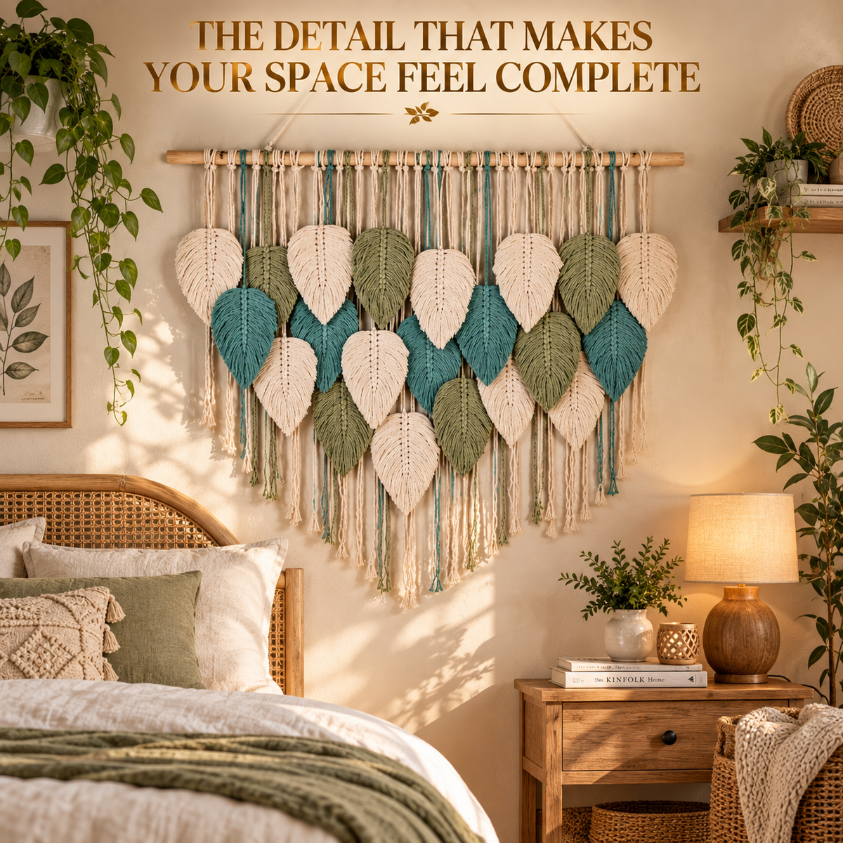 Boho Leaf Macrame Wall Hanging | Woven Feather Tapestry Decor | Textured Bedroom Living Room Wall Art | Natural Home Accent