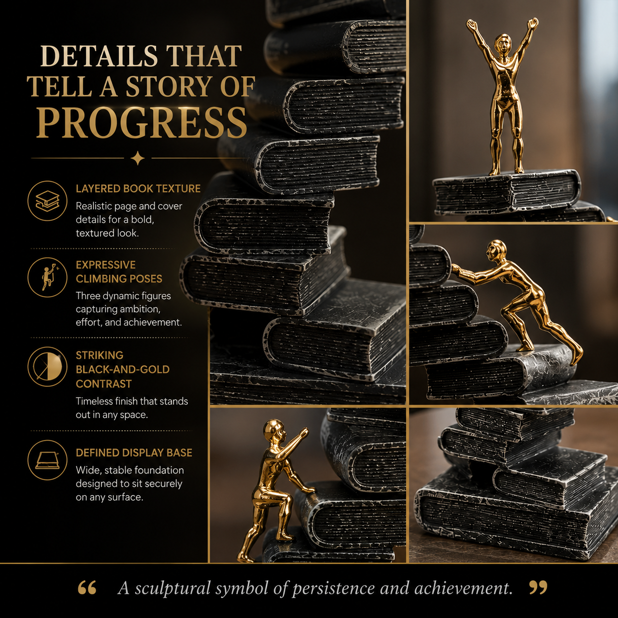 Climbing Book Staircase Sculpture | Gold Figure Office Decor | Inspirational Desk and Living Room Accent