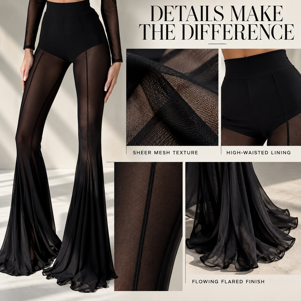 Women's Sheer Mesh Flare Pants, High Waist Bell Bottom Trousers, Layered See Through Party Pants, Elegant Clubwear