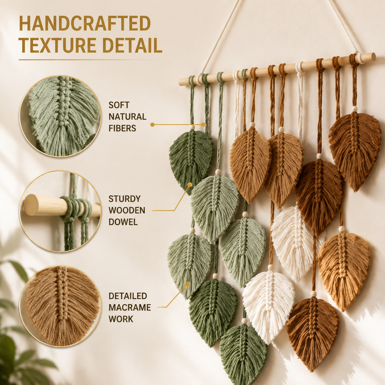 Leaf Macrame Wall Hanging | Boho Wall Tapestry Decor | Handmade Style Home Accent | Living Room Wall Decoration | Aesthetic Gift Idea