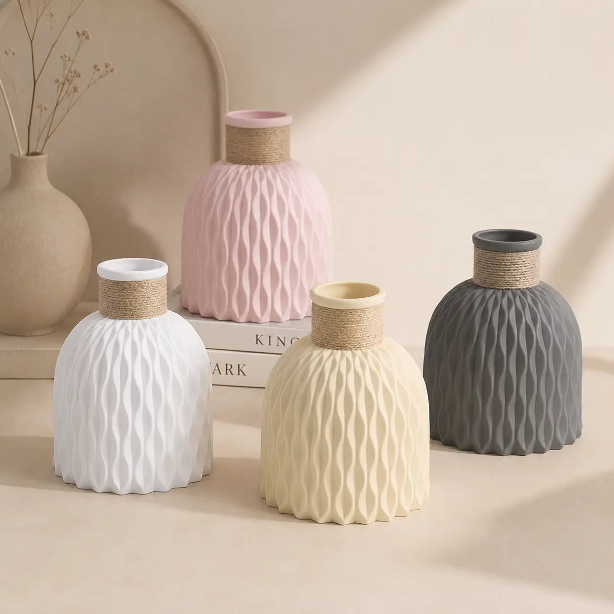 Textured Plastic Vase | Twine Wrapped Flower Holder | Water Wave Table Decor | Minimalist Shelf and Living Room Accent Jumartins
