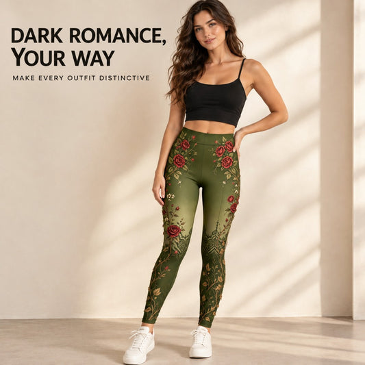 Gothic Rose Leggings | Women's Floral Pants | Dark Romantic Botanical Print | Alternative Halloween Fashion