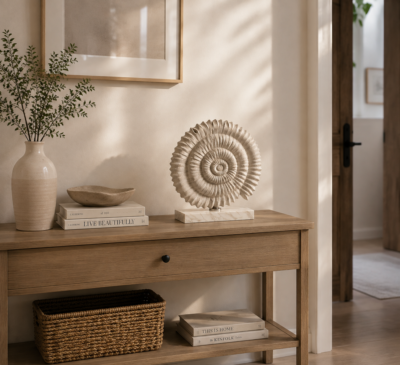 Spiral Shell Figurine Decor | Sea Shell Statue Ornament | Coastal Home Accent | Resin Shell Sculpture for Shelf Table Display