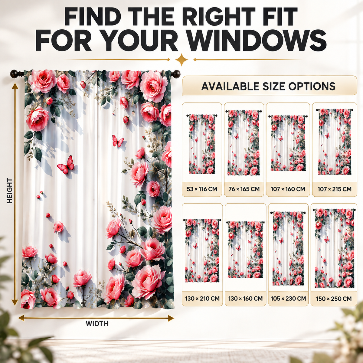Floral Print Curtains | Romantic Rose Window Drapes | Bedroom Living Room Decor | Light Filtering Rod Pocket Panels