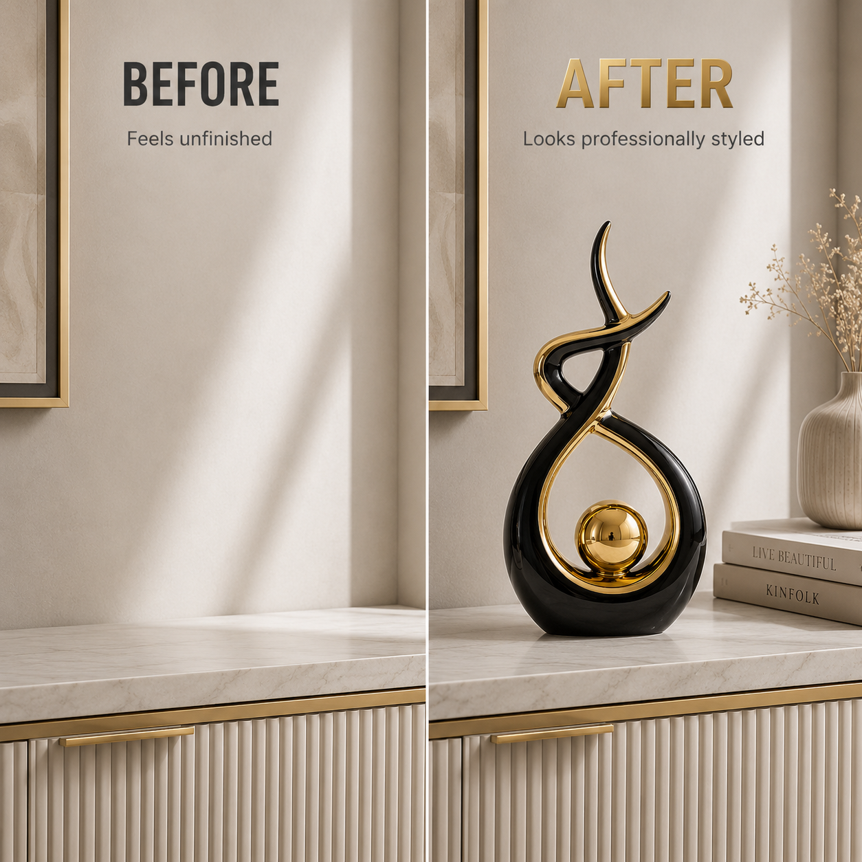 Modern Abstract Table Sculpture | Black Gold Decor Figurine | Luxury Shelf Accent for Living Room Desk Cabinet