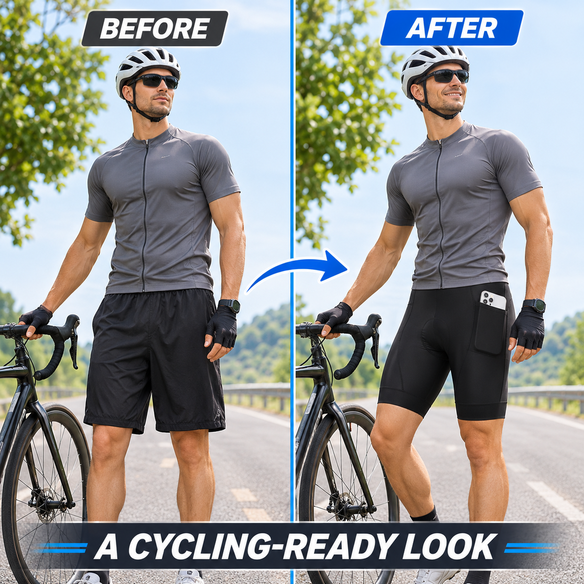 Men's Padded Cycling Shorts with Side Pockets, Breathable Quick Dry Bike Shorts for Road and Mountain Riding  Copy Title