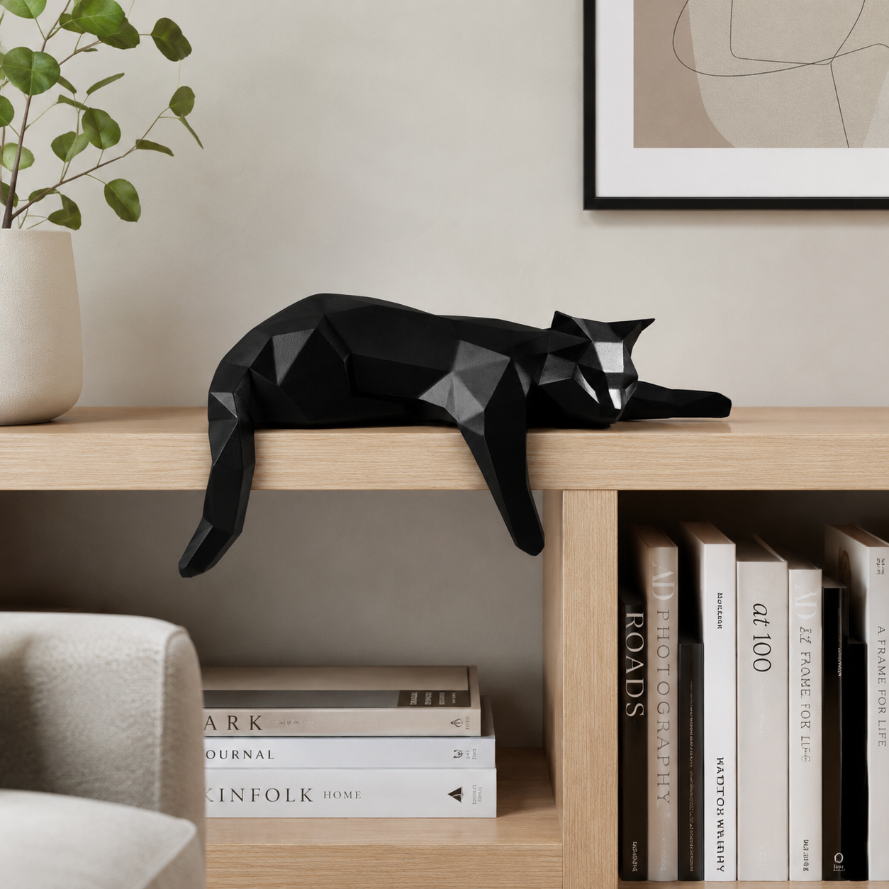 Geometric Lying Cat Statue | Modern Room Decor Figurine | Shelf Desk Table Sculpture | Cat Lover Gift Accent