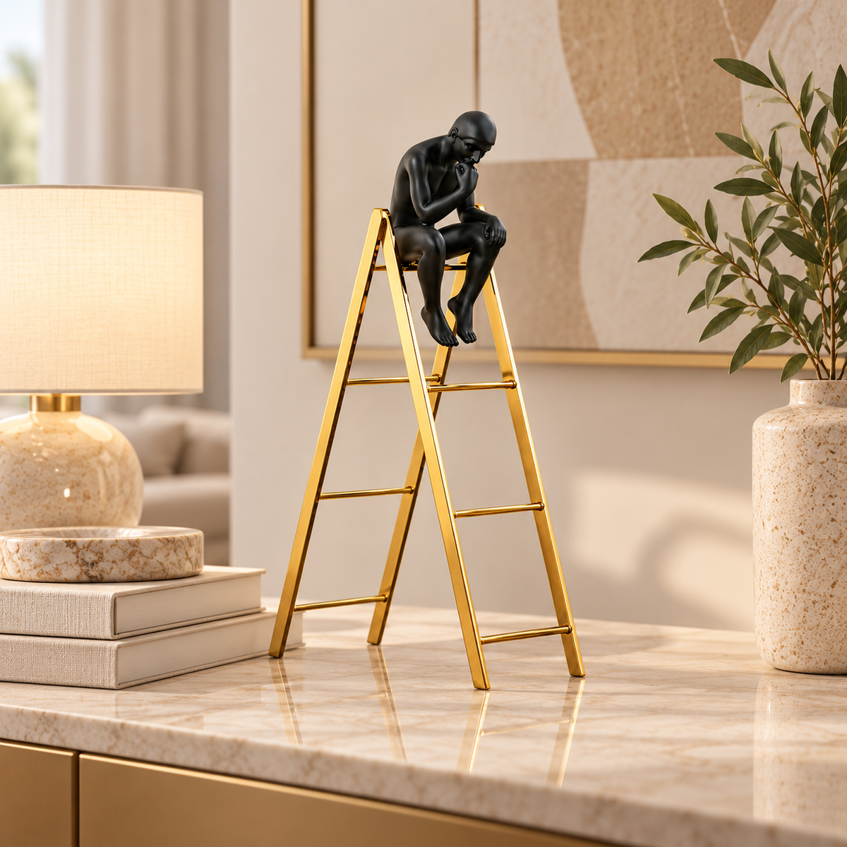 Abstract Thinker Statue on Gold Ladder | Black Seated Figure Sculpture, Modern Desk Ornament, Minimalist Home Office Decor, Art Lover Gift