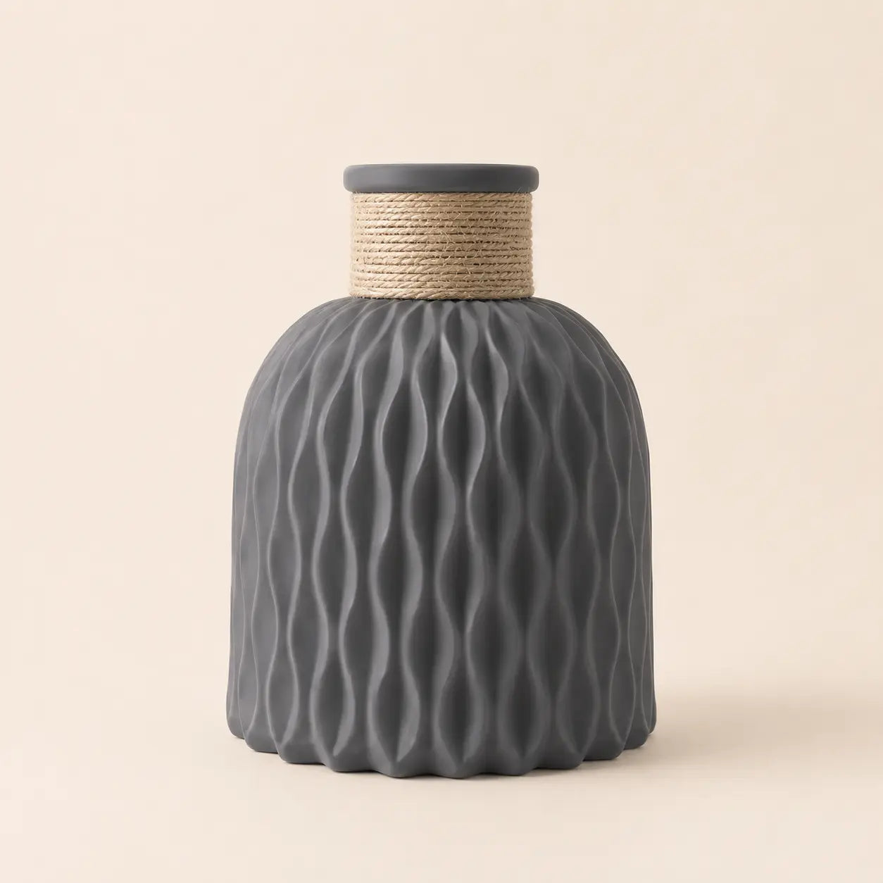 Textured Plastic Vase | Twine Wrapped Flower Holder | Water Wave Table Decor | Minimalist Shelf and Living Room Accent Jumartins