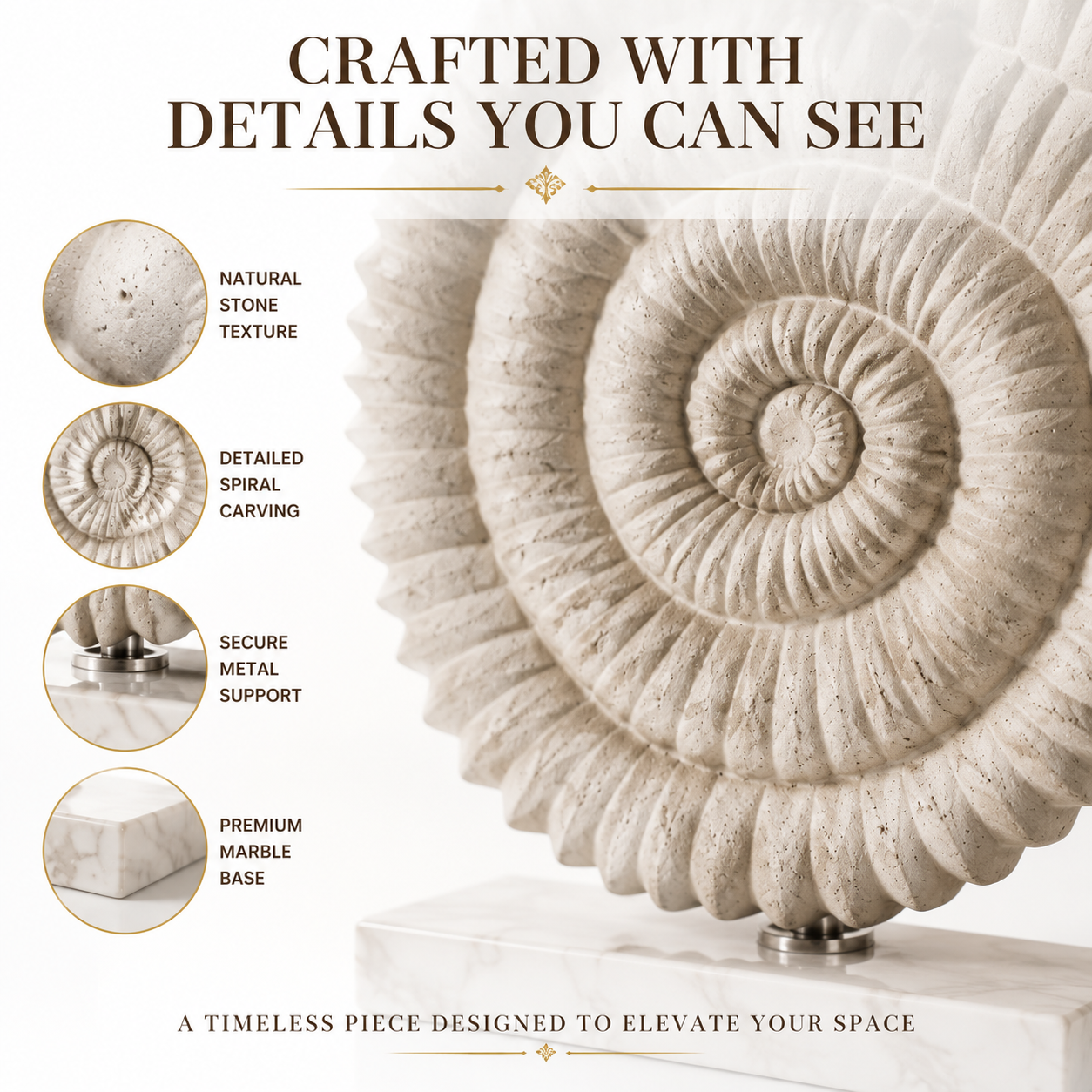 Spiral Shell Figurine Decor | Sea Shell Statue Ornament | Coastal Home Accent | Resin Shell Sculpture for Shelf Table Display