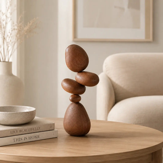 Wood Pebble Balance Sculpture | Minimalist Table Decor | Stacked Stone Art Ornament | Shelf Accent For Calm Spaces Jumartins