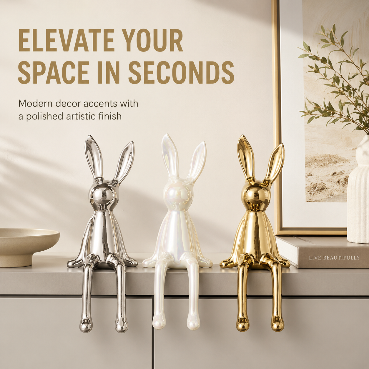 Ceramic Rabbit Figurine Decor | Long Ear Sitting Bunny Statue | Modern Shelf Accent for Home Room Styling